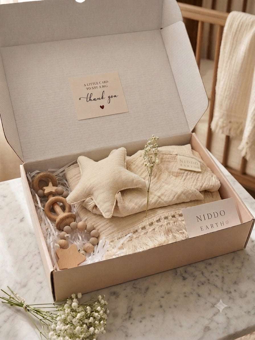 Niddo Earth Kraamcadeauset – Mousseline Babydeken, Gepersonaliseerd Speenkoord, Rammelaar & Knuffeldoekje – Beige