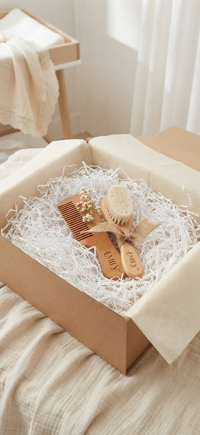 Niddo Earth Kraamcadeauset – Mousseline Badlaken 80x80 cm, Washandje, Gepersonaliseerd Houten Kam & Geitenhaar Borstel