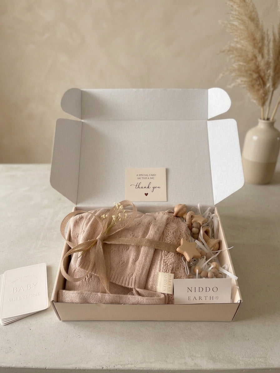 Niddo Earth Kraamcadeauset – Gebreide Katoenen Wikkeldeken 80x100 cm, Muts, Rammelaar & Speenkoord – Beige