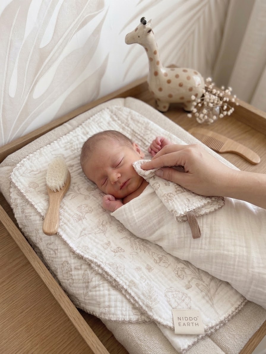 Niddo Earth Kraamcadeauset – Mousseline Badlaken 80x80 cm, Washandje, Gepersonaliseerd Houten Kam & Geitenhaar Borstel